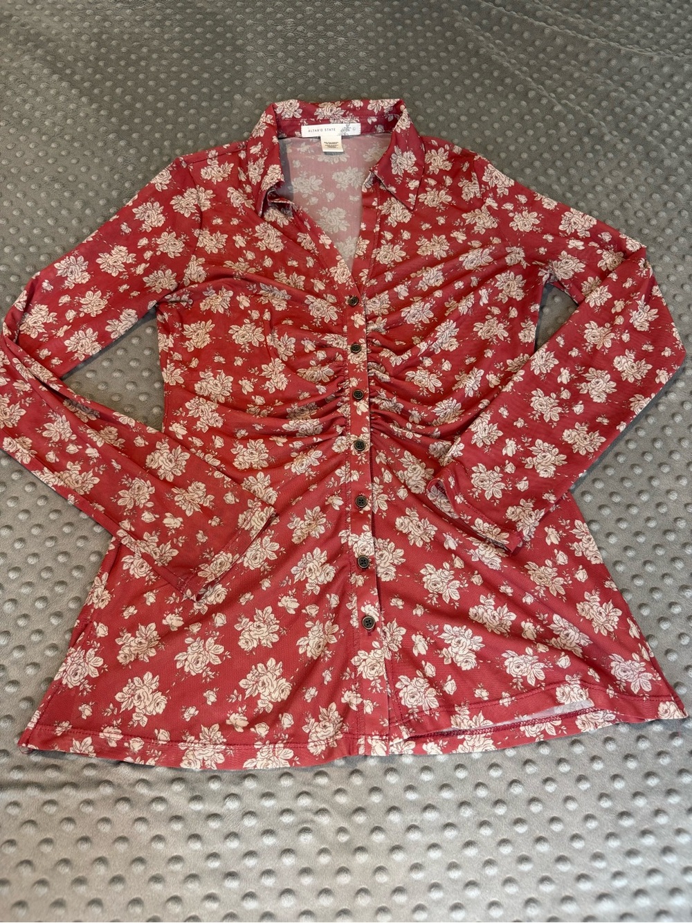 Altar'd State Red Floral Ruched Button-Down Shirt fairy whimsical - Picture 1 of 7